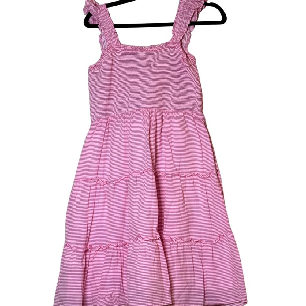 J. Crew EUC Seersucker Striped Smocked Lined Tiered Mini Dress sz M Wild Berry - Picture 4 of 4